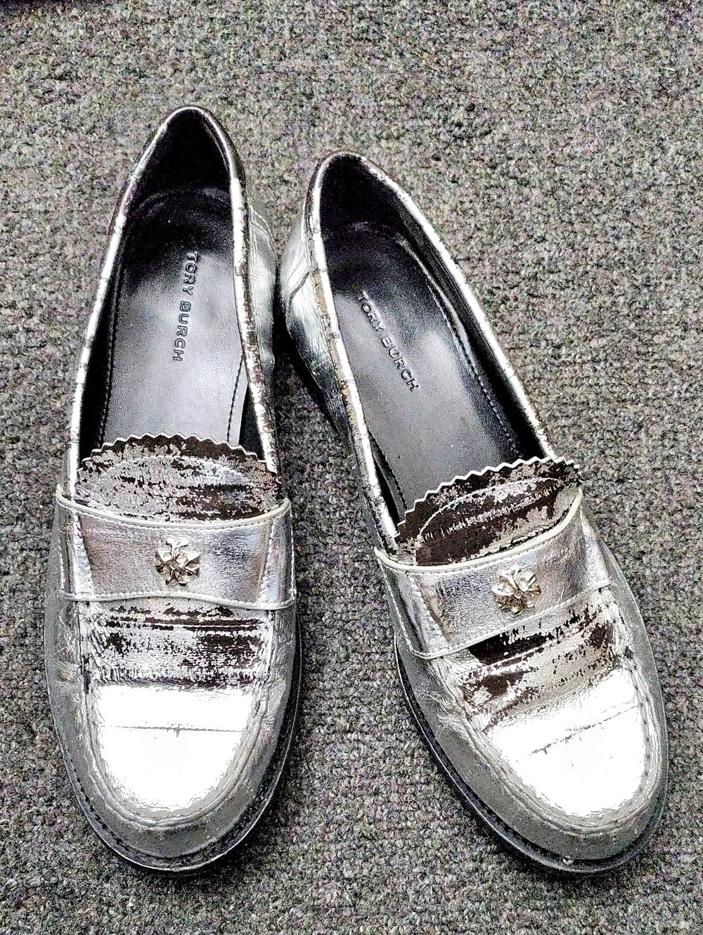 Tory Burch Classic Distressed Silver Leather Loafer